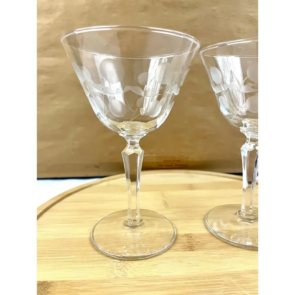 VTG Set of 2 Clear Carlton Champagne Glasses‎ Martini Stem Libbey Glass Etched